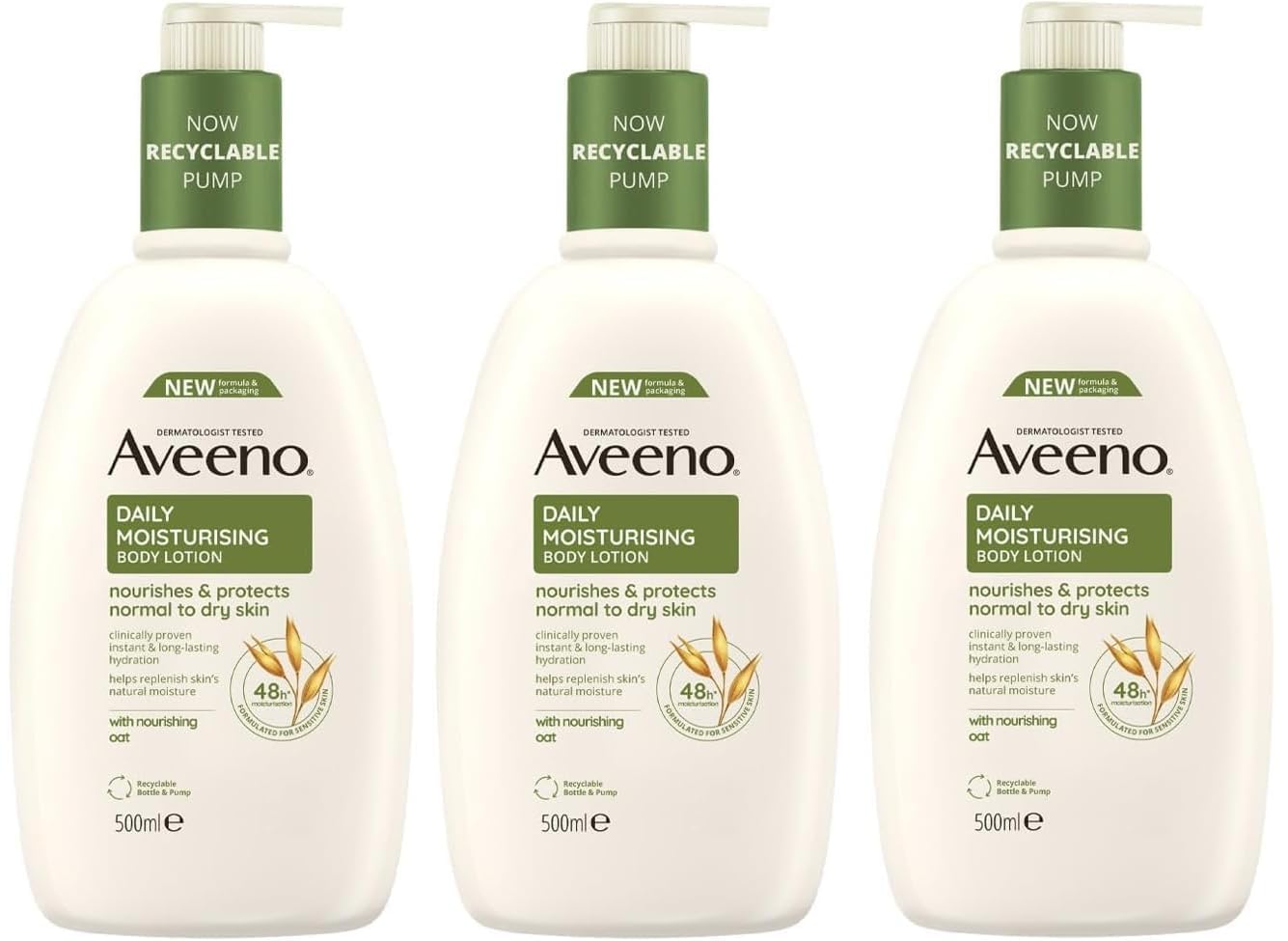 Aveeno Lot de 3 lotions hydratantes quotidiennes pour le corps (3 x 500 ml), lotion hydratante enrichie en flocons d'avoine colloïdale nourrissante, crème hydratante douce pour le corps adaptée aux