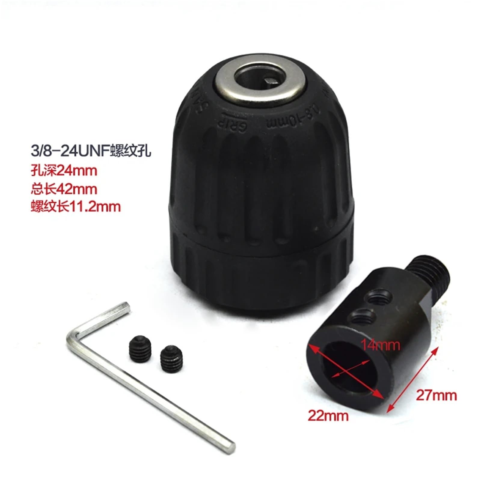 Mandrino senza chiave, Mandrino autoserrante da 0,8-10 mm Adattatore a cambio rapido con filettatura 3/8-24UNF for alberi motore 5-14(Drill Chuck 14mm Rod)
