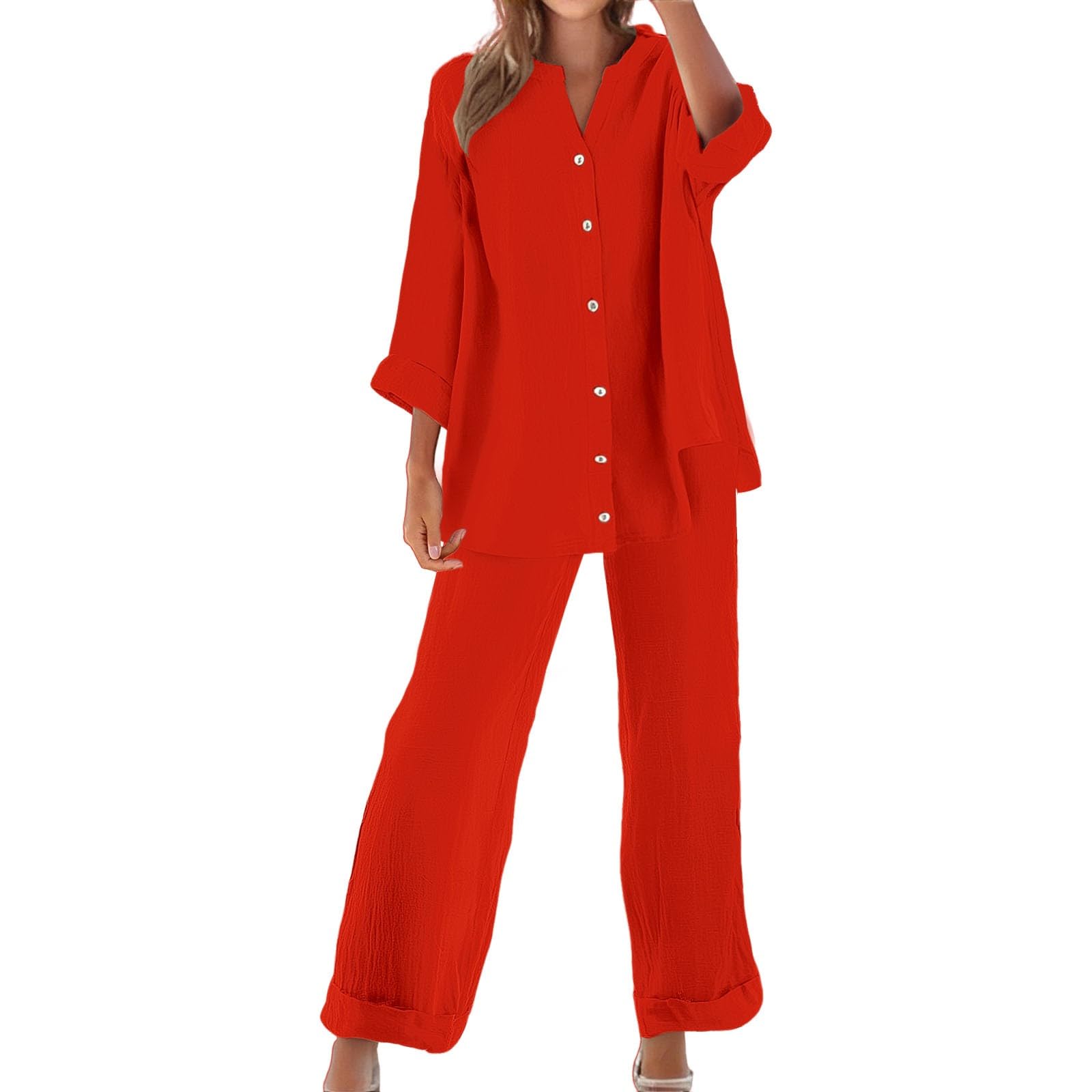 riou Conjunto Mujer Verano 2 Piezas Botones Algodon y Lino Traje de Primavera Ligero Chándal Blusa Manga Larga Pantalones Ropa de Playa Vacaciones Deportivo Casa Trabajo Loungewear