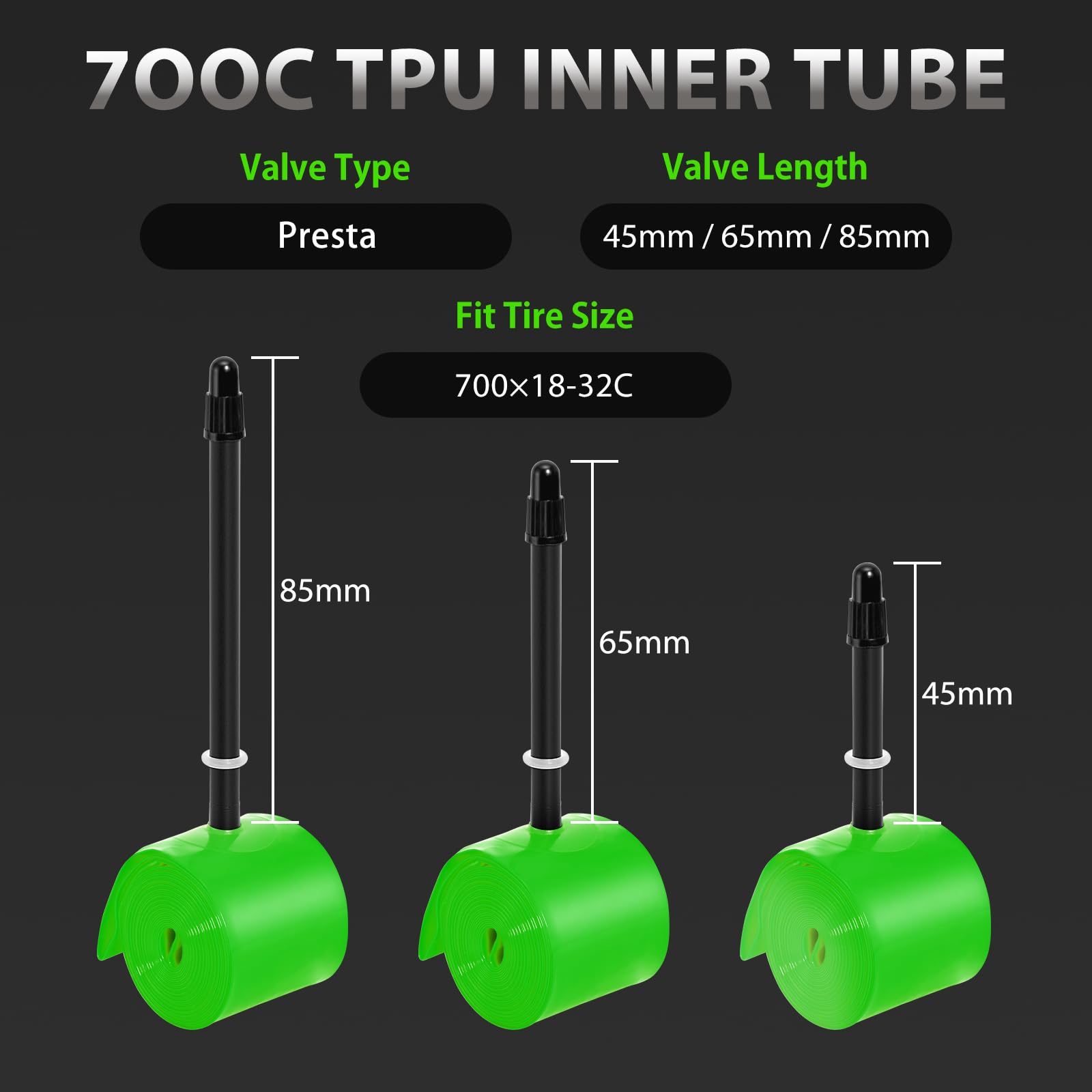 WHEELO Paquete de 2 tubos interiores de TPU, 700C x 18-32 mm, tubo de bicicleta de carretera de 45 mm/65 mm/85 mm, fuerte y compacto | Compatibilidad de llanta y freno de disco