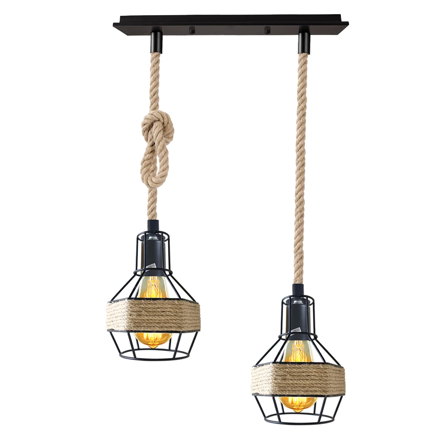 DC VOLTAGE Retro 2 Head Ceiling Pendant Light Metal Hemp Rope Covered Bird Cage Lampshade with Adjustable Cable Bulbs Rectangle Canopy Lamp for Dining Room Hallway Restaurant Cafe Bedroom Kitchen