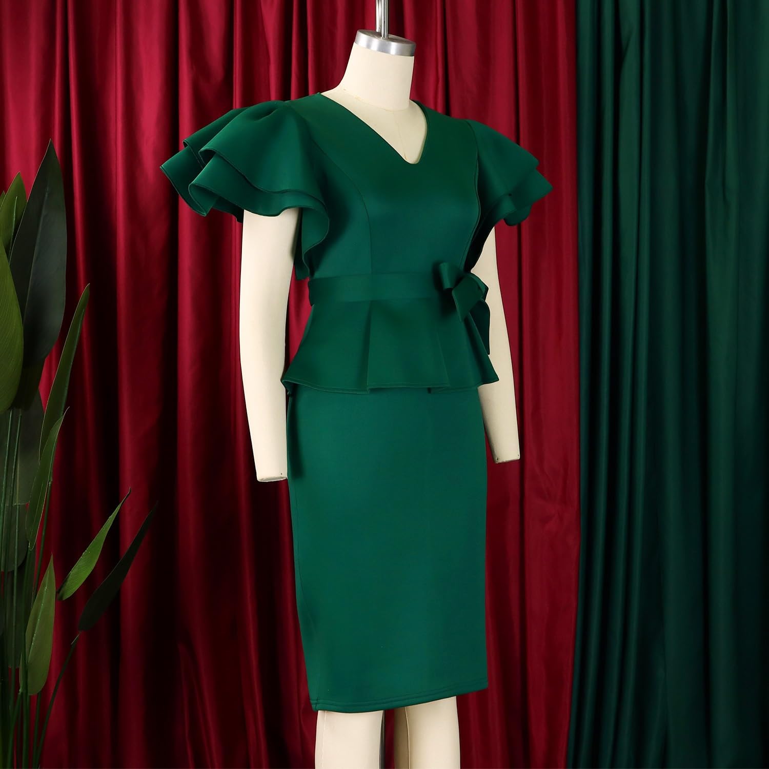 Abito A Tubino Elegante Da Donna, Formale, Tinta Unita, Per Feste E Cocktail Abito Midi Aderente Sexy Con Scollo A V, Volant, Maniche Corte E Cintura