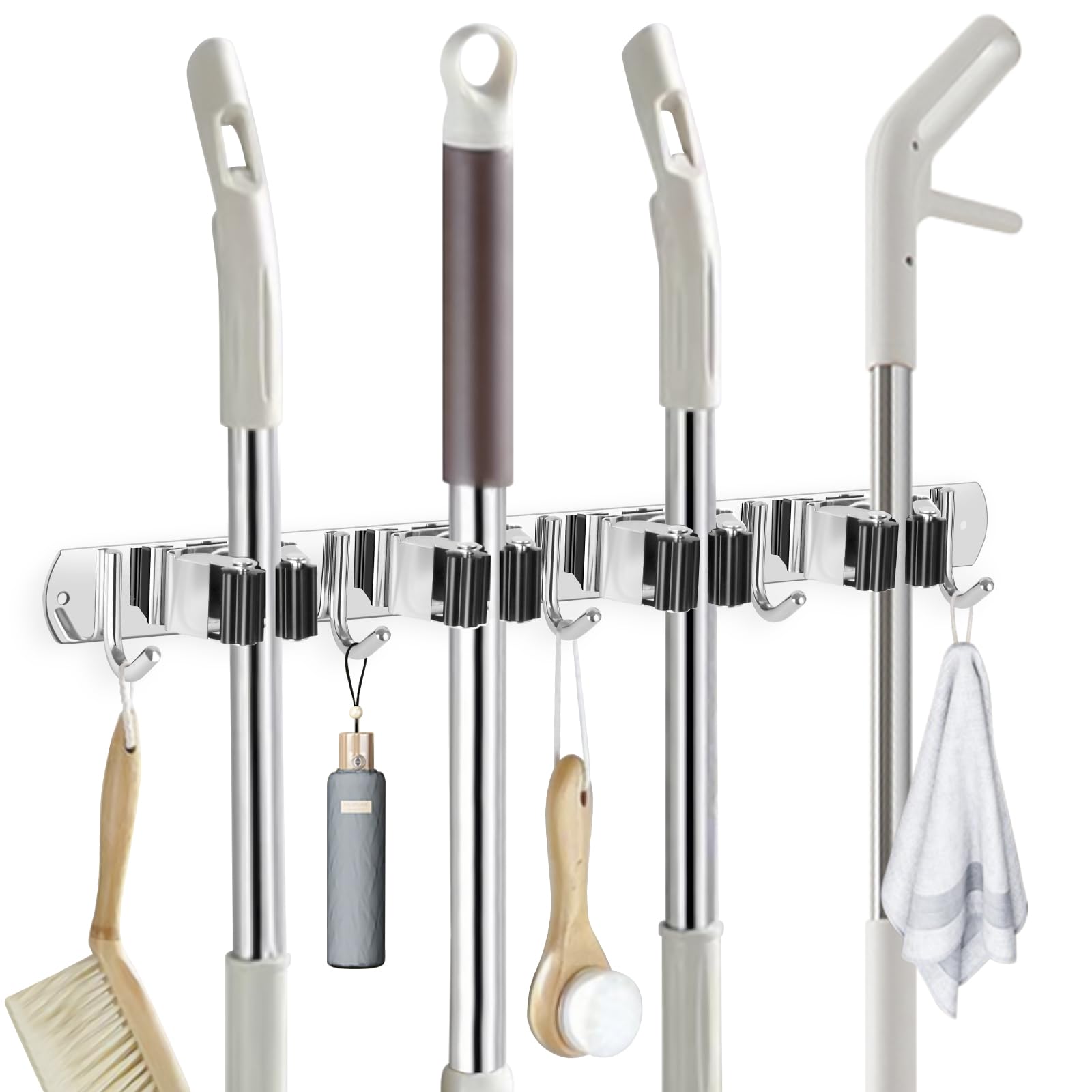 IMILLET Besenhalter, Wandmontage, Edelstahl, Besenmopphalter, selbstklebend, robuste Haken, Aufbewahrungs-Organizer für Zuhause, Waschküche, Garten, Garage, Schrank, Küche, 1 Packung (4 Regale mit 5
