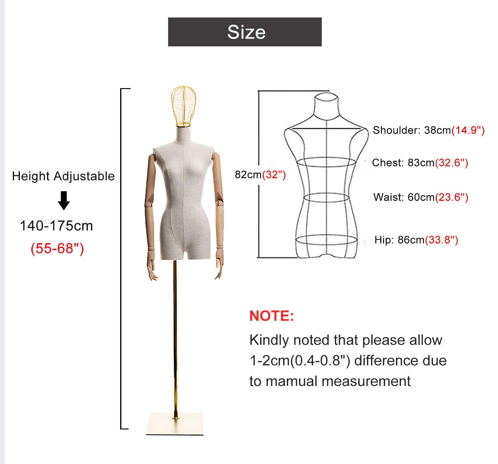 Manichino da Esposizione per Abiti, Busto, Mezzo Corpo Femminile con Testa in Metallo, Altezza Regolabile: 140-175 Cm, Braccia Flessibili Staccabili, Manichino,Gold Stand-One Size
