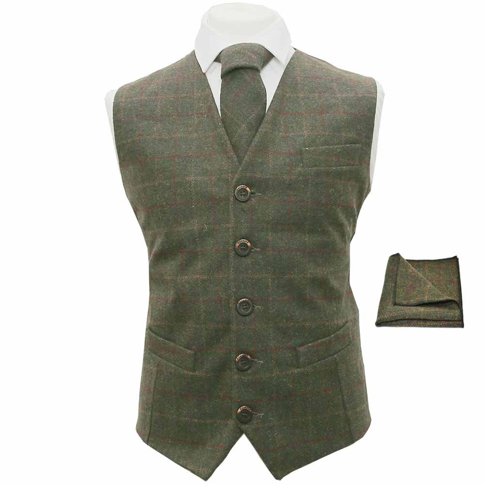 King & Priory Heritage Check Moss Green Waistcoat, Tie & Pocket Square Set - Large | 42in Chest