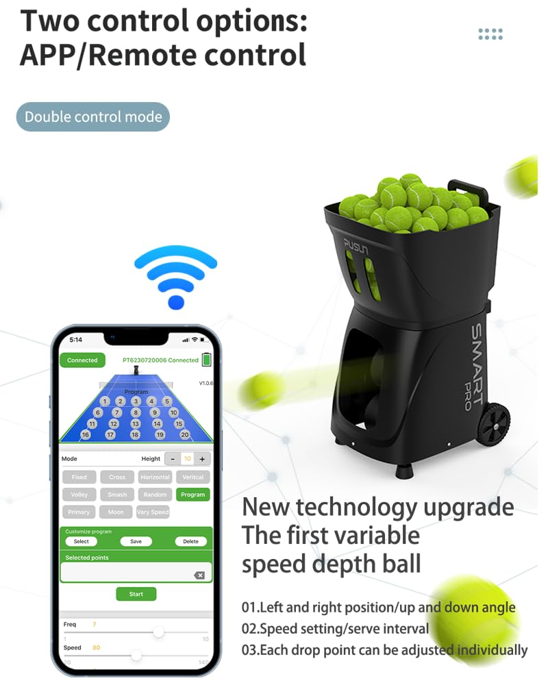 Macchina Lanciapalle PT-Smart PRO per Tennis e Padel – Oscillazione Interna, Controllo Via App e Telecomando, 100+ Palline, 20–120 km/h, 1.8–8 s/Palla, Batteria 5–8H, per Tutti i Livelli