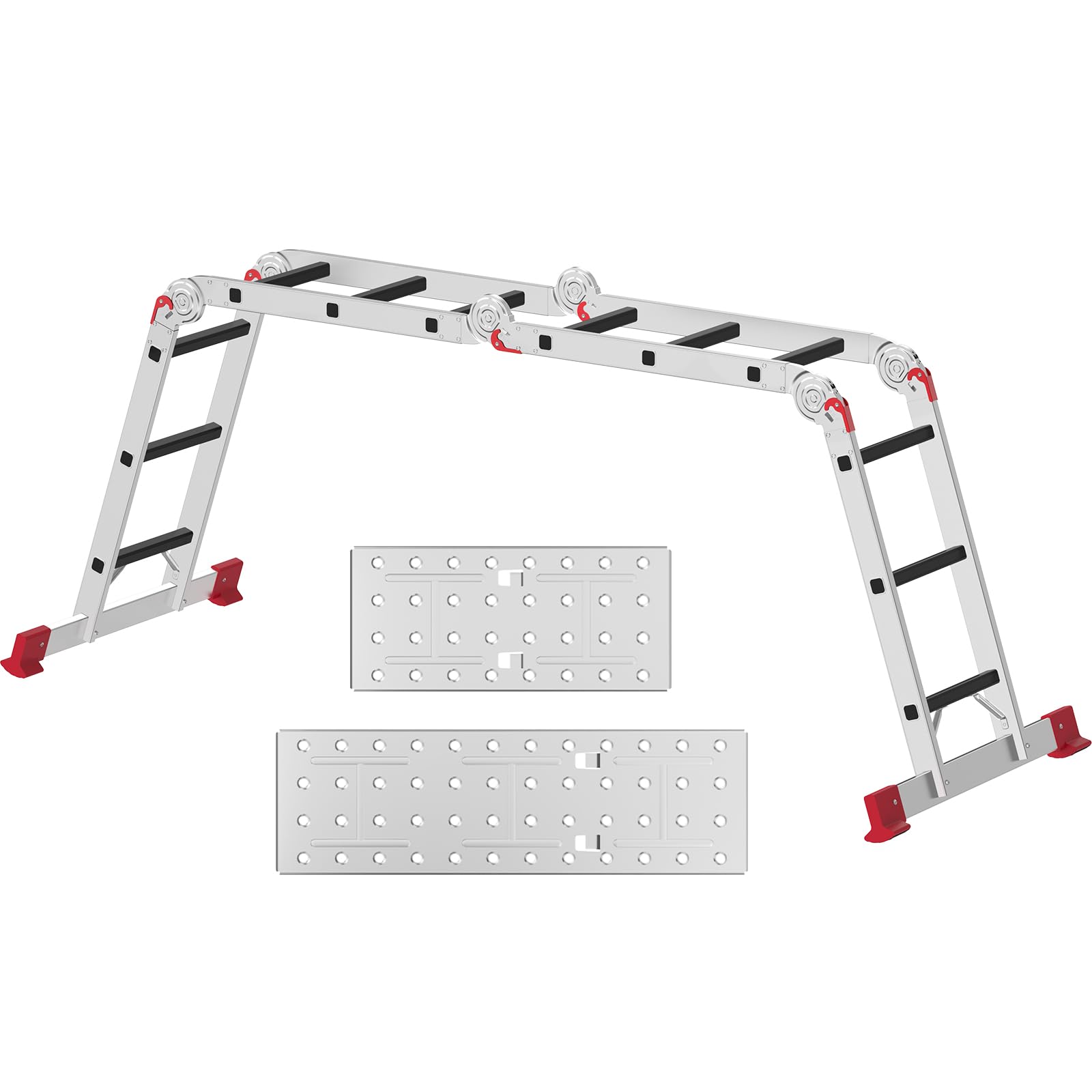 AMHANCIBLE Ladder, Multi-Purpose Folding Ladder, Aluminium Household Ladder With Two Safety Platforms, 4 x 3 Steps, 6-in-1, 340 cm Long, Support up to 150 kg, TÜV/GS certified, Silver+Red UBAL01RD