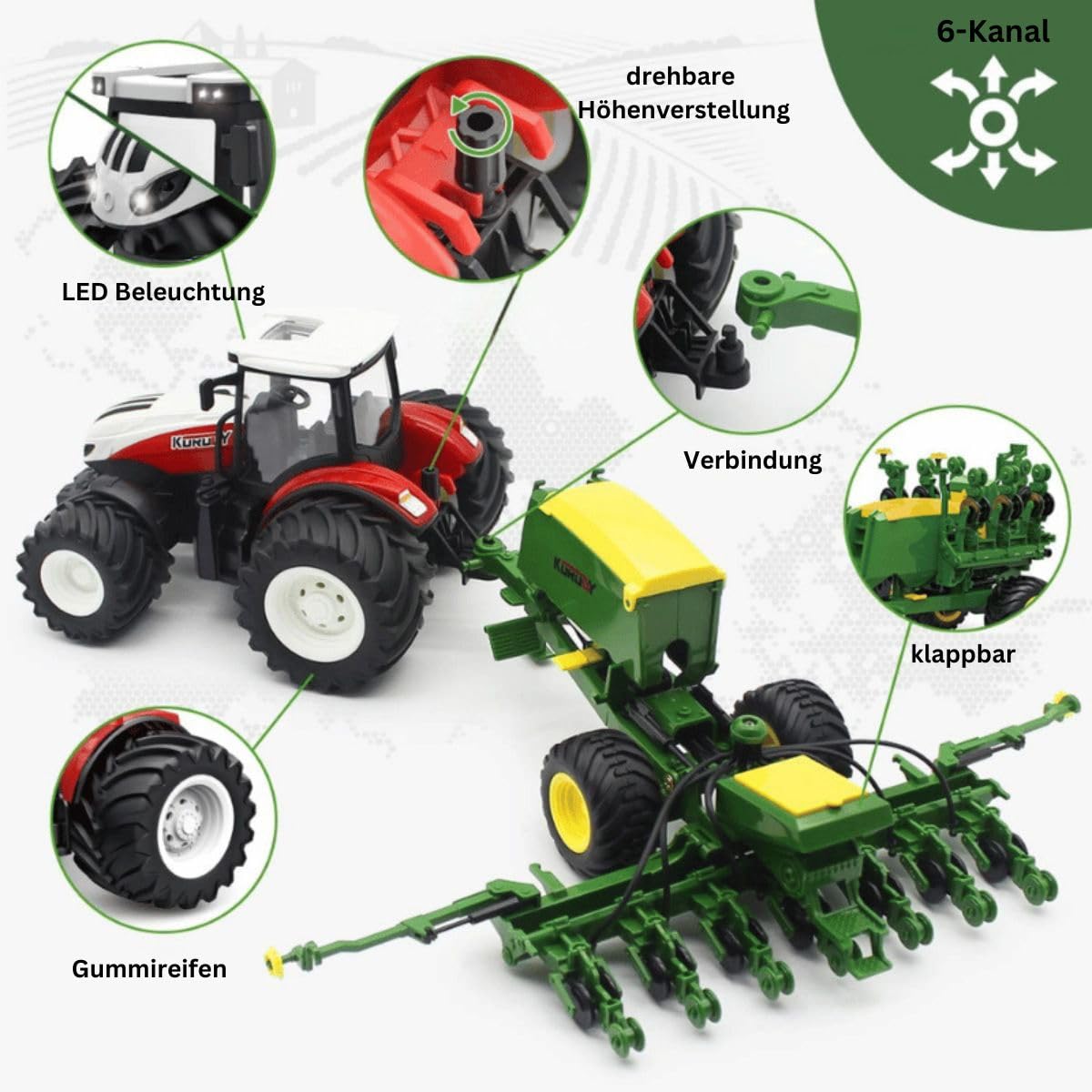 efaso RC traktor z siewnikiem, zdalnie sterowany dźwięk i światło, 1.24 RTR traktor dla dzieci