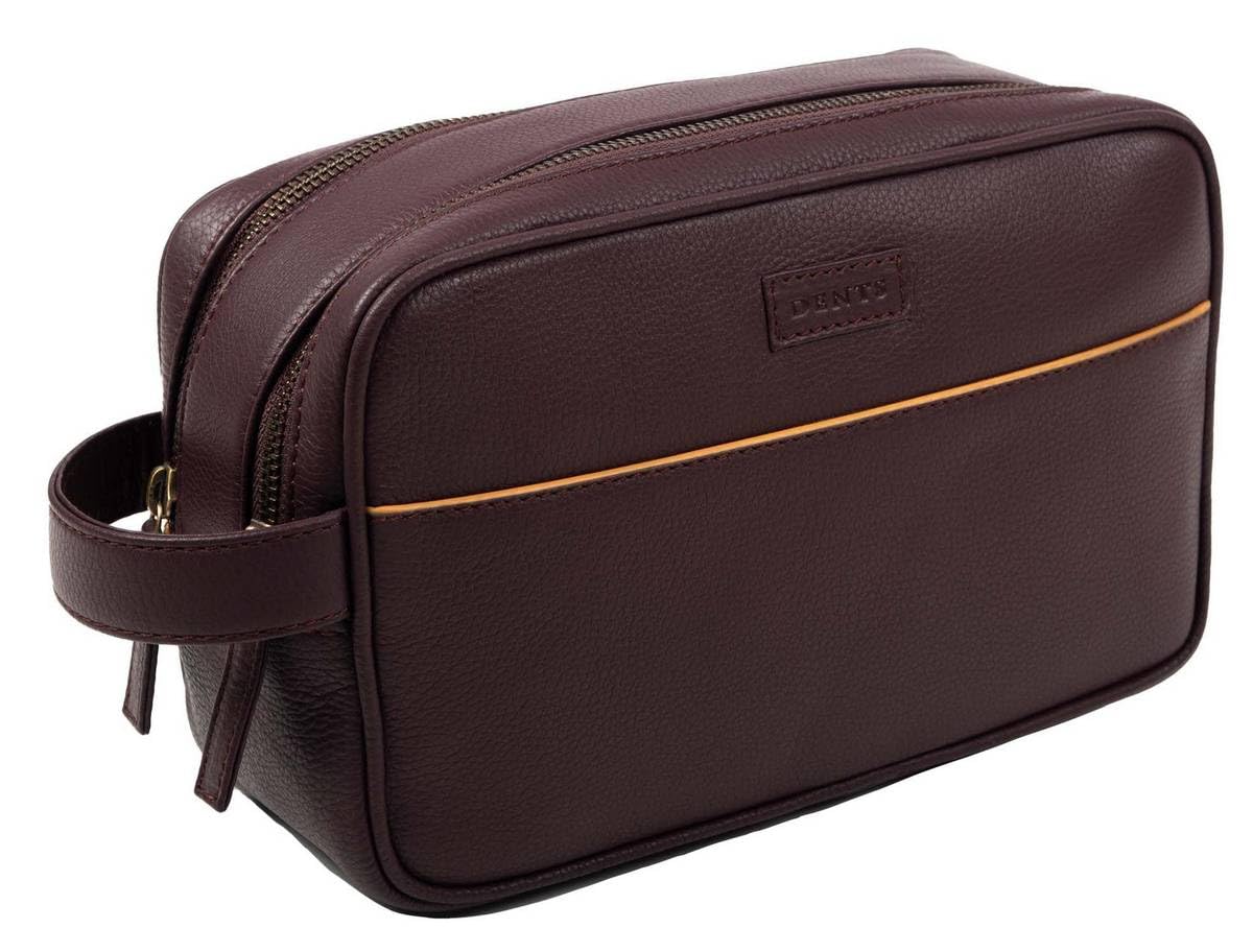 Bolsa de lavado de piel granulada con dos cremalleras para hombre, Burdeos/marrón claro, Talla única