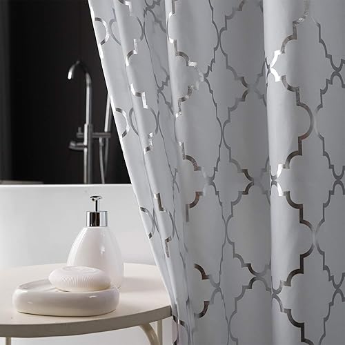 Miniatura 4 de FINECITY Cortina de ducha blanca con patrón geométrico de azulejos marroquíes de lámina plateada sobre tela suave blanca pura, juego de cortina de