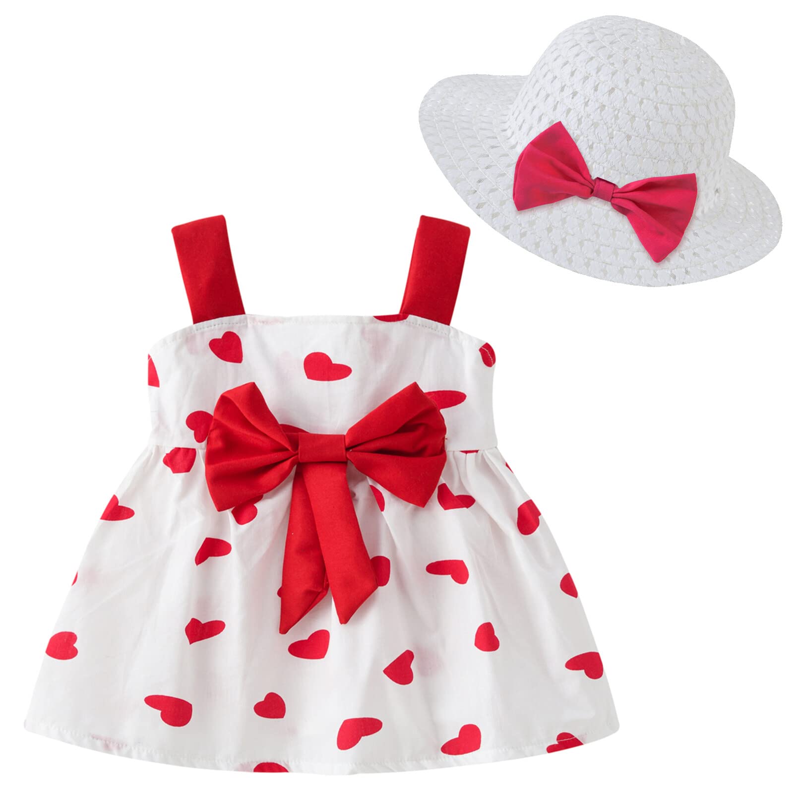 Happy Cherry Bebé Niña Vestido Verano Algodón sin Mangas con Lazo Vestido Princesa con Sombrero de Sol Ropa Cumpleaño Fiesta Estampado Flores Corazón para 6 Meses-4 Años