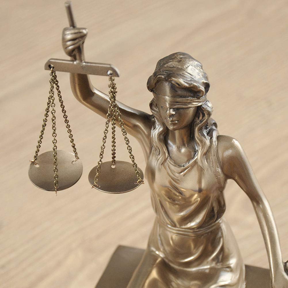 bureau boekenplank, 2 stuks gouden Vrouwe Justitia Standbeeld, Vrouwe