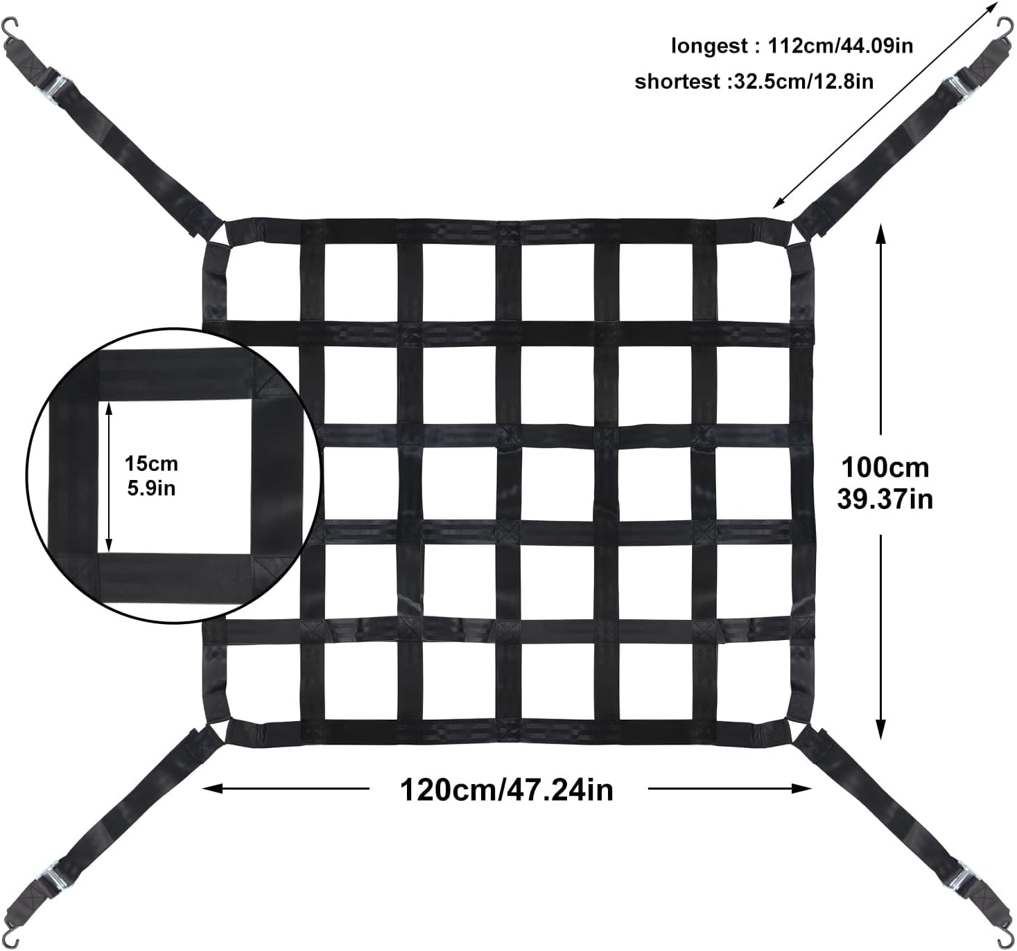 Cargo Net for Pickup Truck Bed, Heavy Duty Cargo Nets Netting 1000 lbs Capacity, Adjustable Cam Buckles & S-Hooks, Thick Herringbone Nylon, for SUV Car Trailers and Trucks (50" x 42") - Image 8