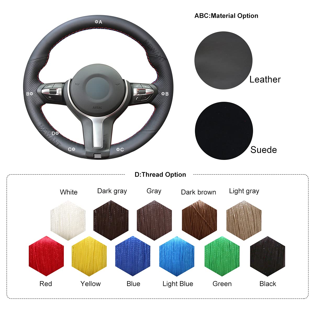 MEWANT Passgenauer Lenkradbezug zum Nähen für BMW M3 | F87 M2 F80 M3 F82 M4 M5 F12 F13 M6 F85 M5 F86 X6 M F33 F30 M Sport Atmungsaktiv Für Beheizte Lenkräder Langlebig