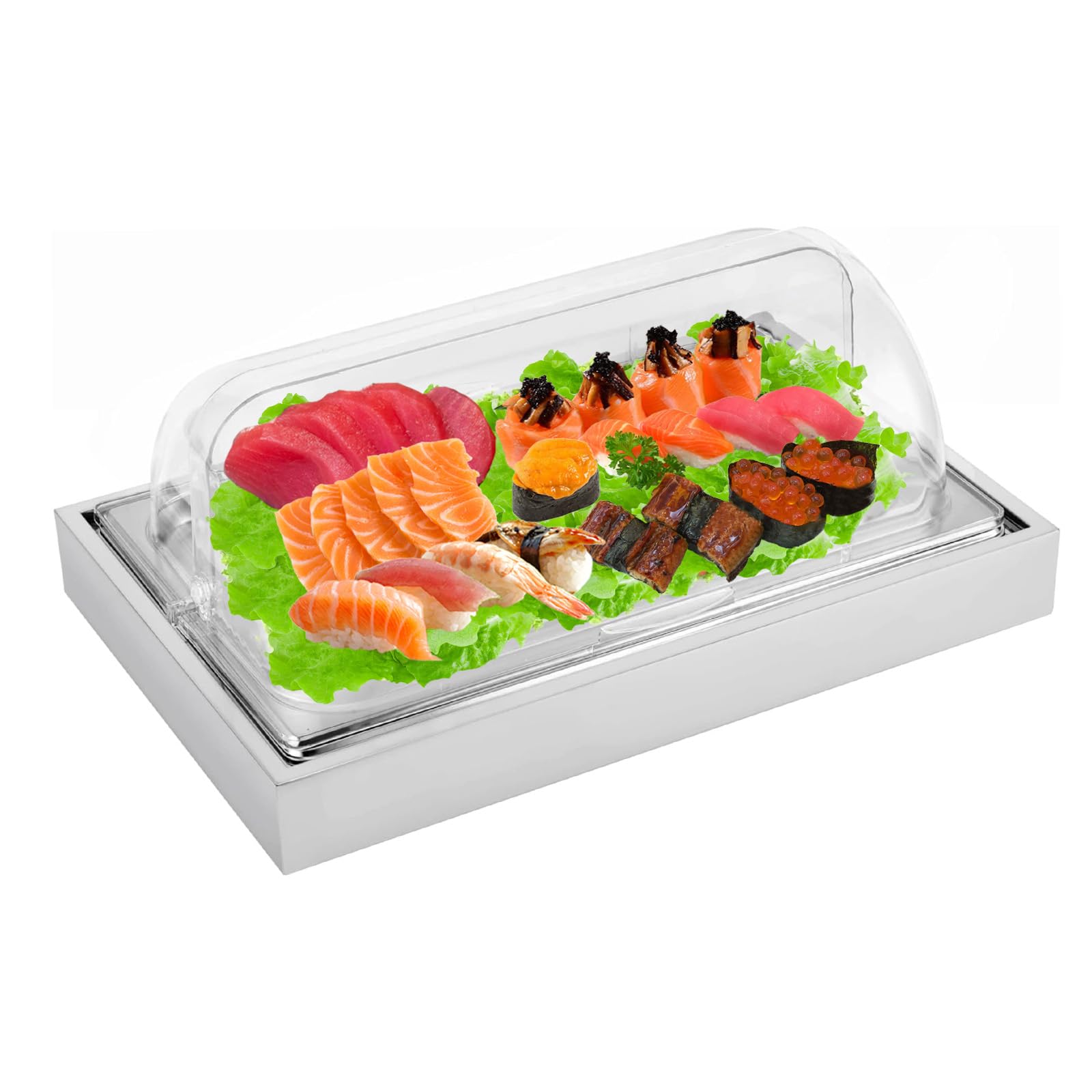 Bandeja de exhibición de alimentos helados, suministros de catering de acero inoxidable, exhibición de buffet con parte superior enrollable transparente y bolsa de hielo, plato de servir refrigerante