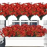 CEWOR 16 Bundles Artificial Flowers for Outdoors, Fake Silk Flowers Faux Plants UV Resistant for Hanging Planters Window Box Front Porch Indoor Outside Decorations (Red)