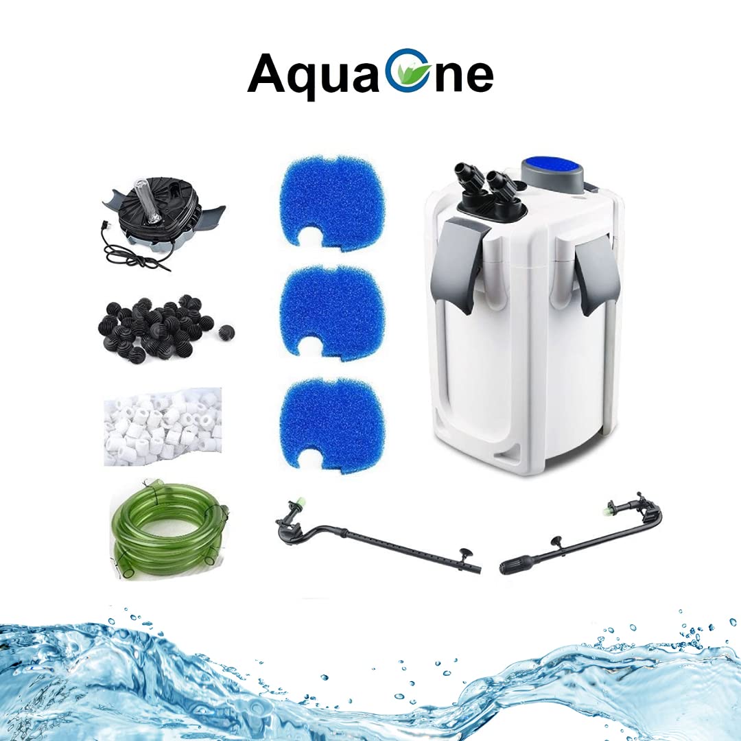 AquaOne Aquarium Outdoor Filter HW-704B 2000 L/h, High Quality Filter incl. 9 Watt UVC Lamp for Aquariums up to 1000 Litres, Pump with Filter Media for Fresh and Sea Water Basins