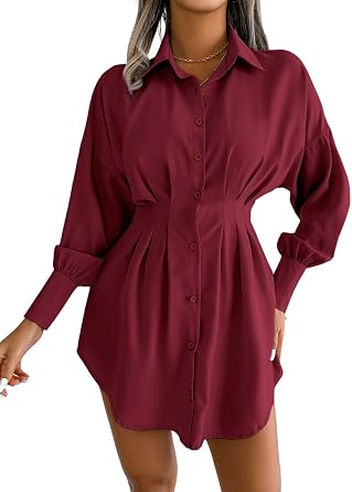 Shirt Dresses for Women Pleated Mini Dress Button Down Lantern Long Sleeve Tunics Blouse Tops Short Dress