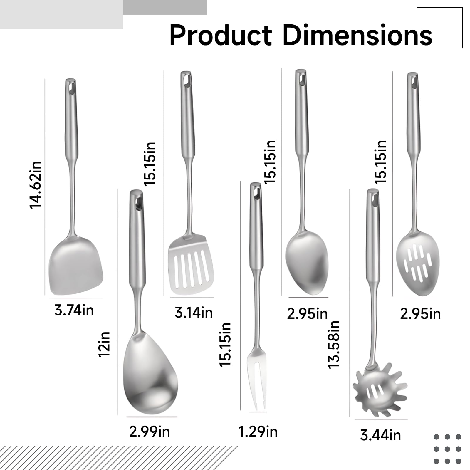 Kochutensilien-Set, 9-teilig, Edelstahl, Küchenutensilien aus Metall, inklusive Schöpflöffel, Pfannenwender, Schaumlöffel, massiver und geschlitzter Löffel, Nudelheber und Sieblöffel