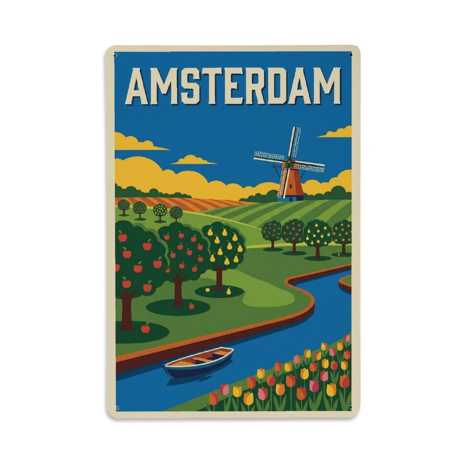 Okngb Style Classic Orchard Amsterdam Pastoral Landscape Travel Metal Tin Sign Plaque Wall Decor For Cafe, Man Cave, Club Bar, Office, Home Garden Round Metal Poster 8X12inch