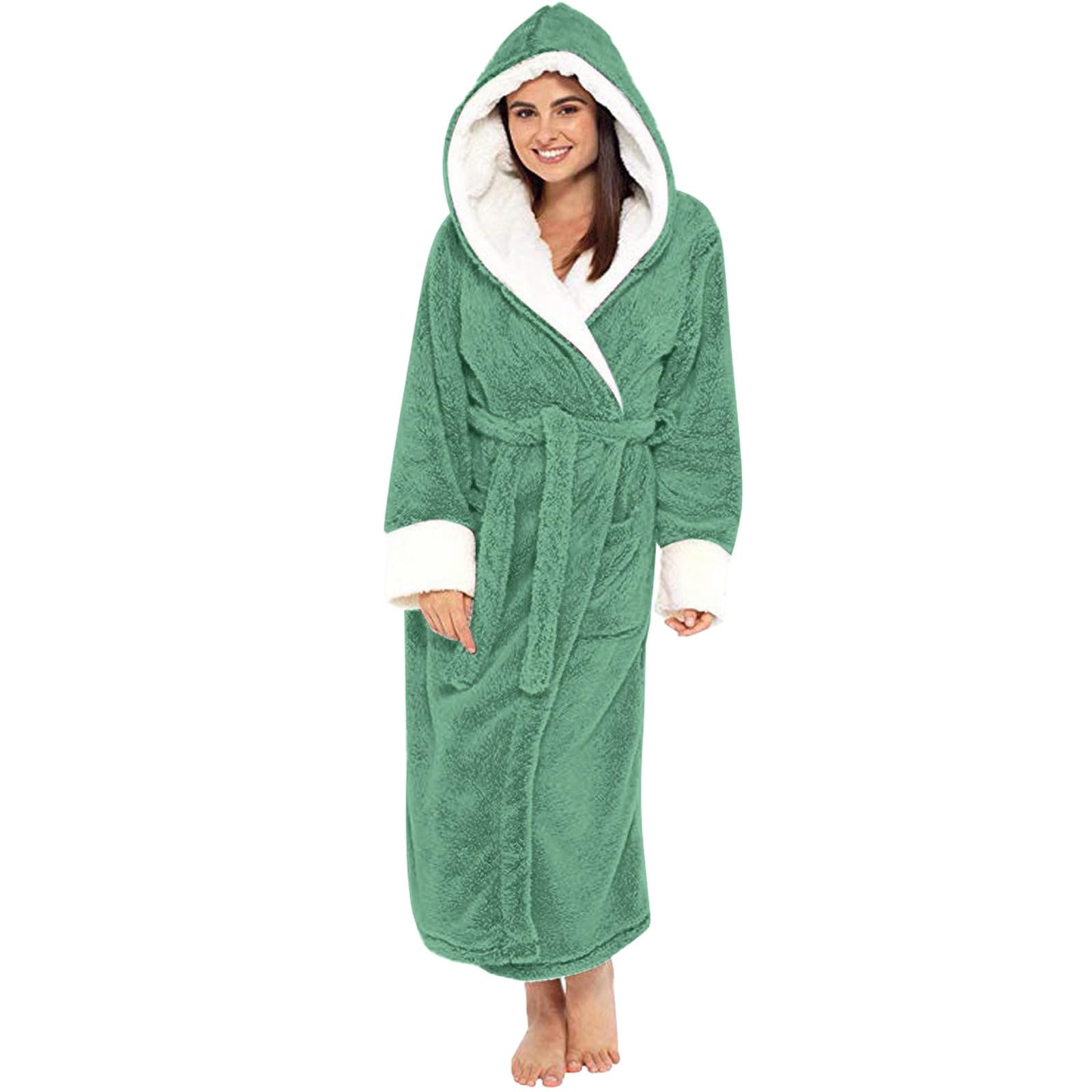 Women's Hooded Fleece Bathrobe Lightweight Soft Long Flannel Sleepwear Plush Bathrobe Long Warm Full Body Long Sleeve For Women