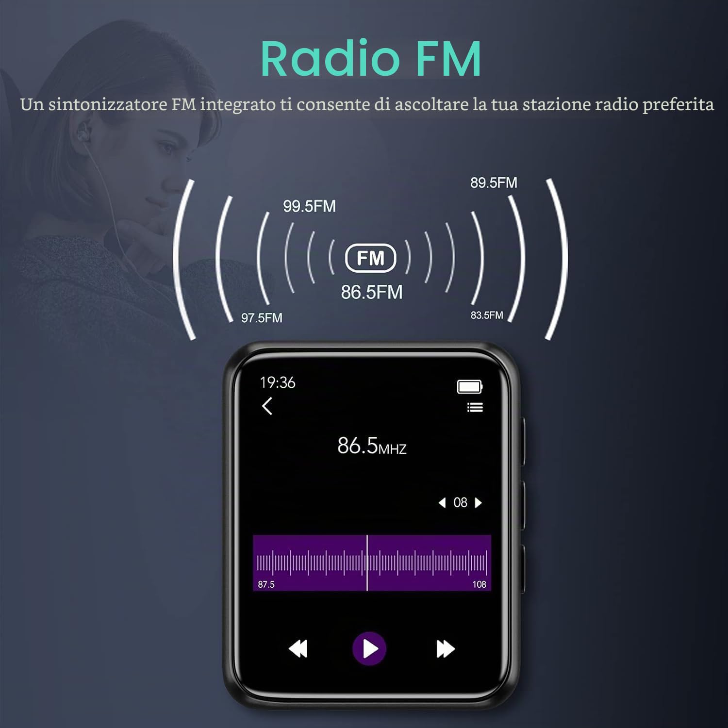 64GB Lettore MP3 con Bluetooth 5.0, Portatile Hi-Fi Sound Lettore di musica con Altoparlante, Line-in Registratore Vocale, Radio FM, e-book, Full Touch Schermo, Supporto fino a 128 GB di schede