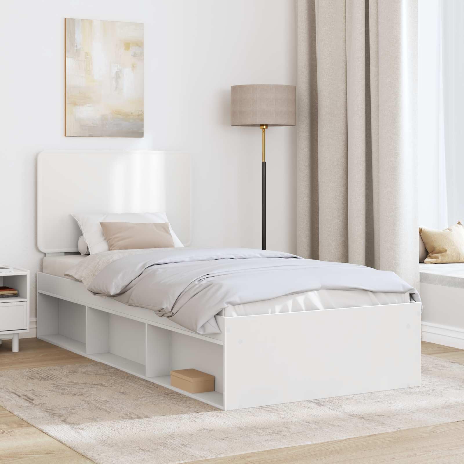 lite drewno sosnowe zagłówek nowoczesna sypialnia 90 x 190 cm biały | Ramka łóżka z zagłówkiem Biały 90 x 190 cm Lite drewno sosnowe Solidna Stelaż Listwy Nowoczesna