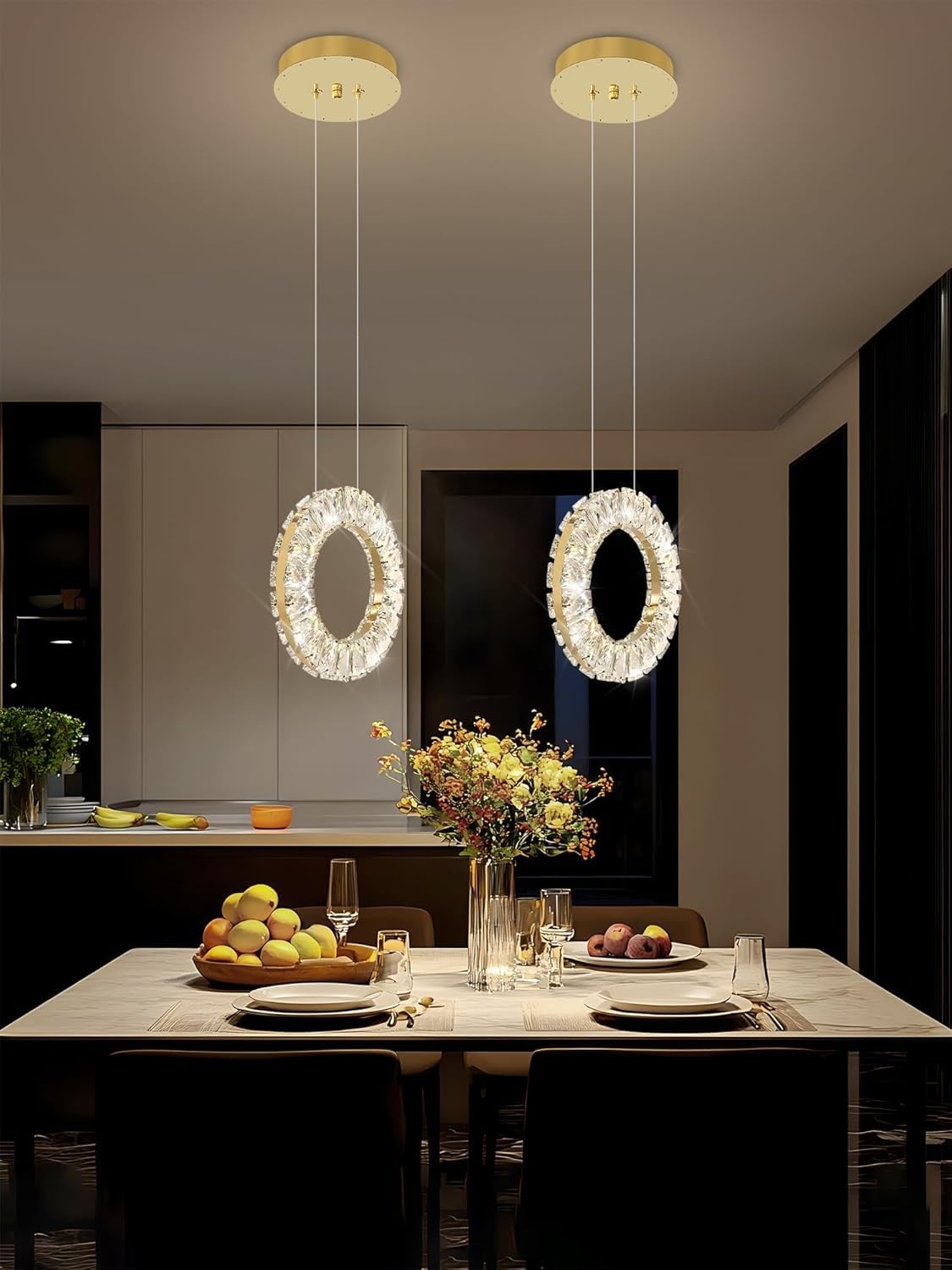 Stesulfr Crystal Chandelier LED Modern Interior Decorative Lighting Fixtures Kitchen Island Hanging Lamp Gold Round Lights Dining Room Foyer Entrance Corridor Pendant Light with Remote Control(Gold-1