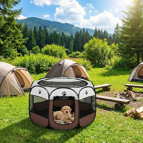 Welpenauslauf 74x74x43cm, BRIMOREA Katzenkäfig Hundekäfig für zuhause, Gitterbox Hund Wurfbox für Katzen Kaninchenstall innen Katzengehege Balkon Katzenkäfig für Draußen Hasen Auslauf(Braun)