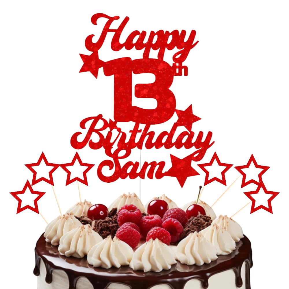 Personalised Happy Birthday Cake Topper Customised with Any Age Name Party Cake Decoration 16 18 21 40 60 Glitter Card Rose Gold, 12 Colours (Red)