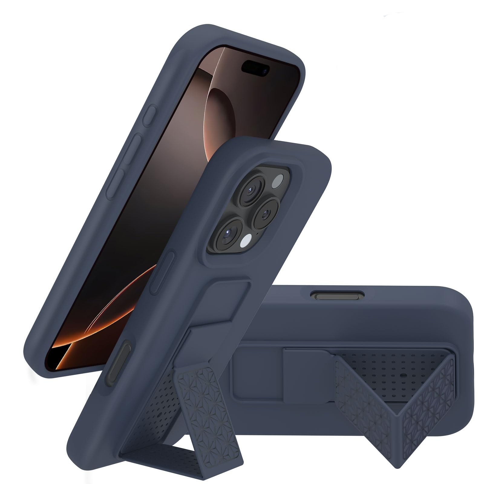 Photo 1 of LAUDTEC Silicone Kickstand Case Compatible with iPhone 16 Pro Max, Vertical and Horizontal Stand Hand Strap Metal Kickstand Cover, Flexible Soft Liquid Silicone Stand Case for iPhone 16 Pro Max (Blue)