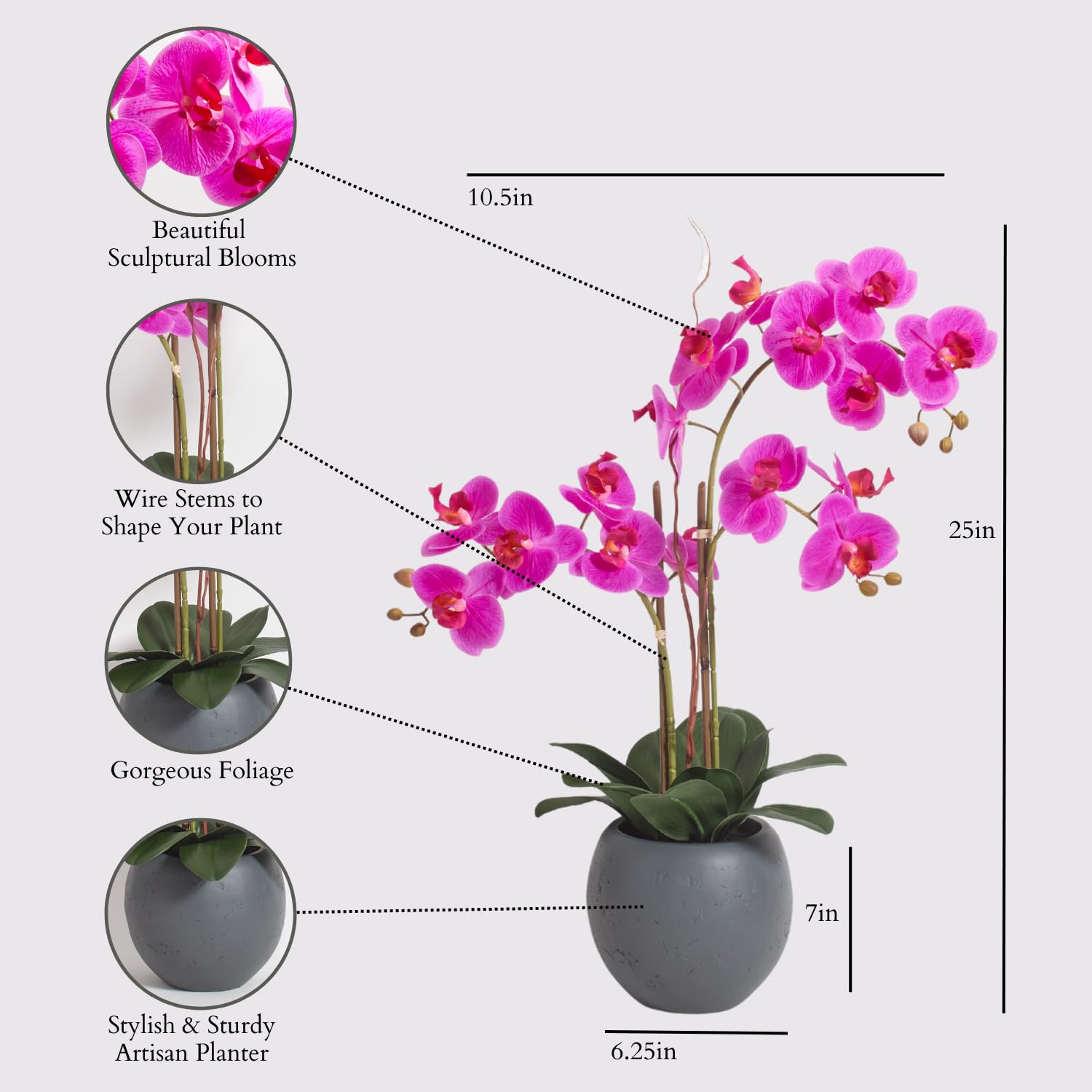 CG Hunter Planta de orquídea Rosa sintética, Soportes de exhibición de Flores Artificiales Interiores de 25 Pulgadas con Hermosas Flores escultóricas y follaje Que Dura para