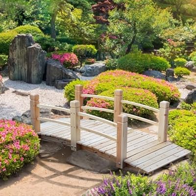 Generic 5 ft Garden Bridge, 500 LBS Capacity Arch Bridge Small Wooden Bridge with Safety Rails, Decorative Pond Landscaping, Backyard, Creek or Farm, Beige, YABEY052701