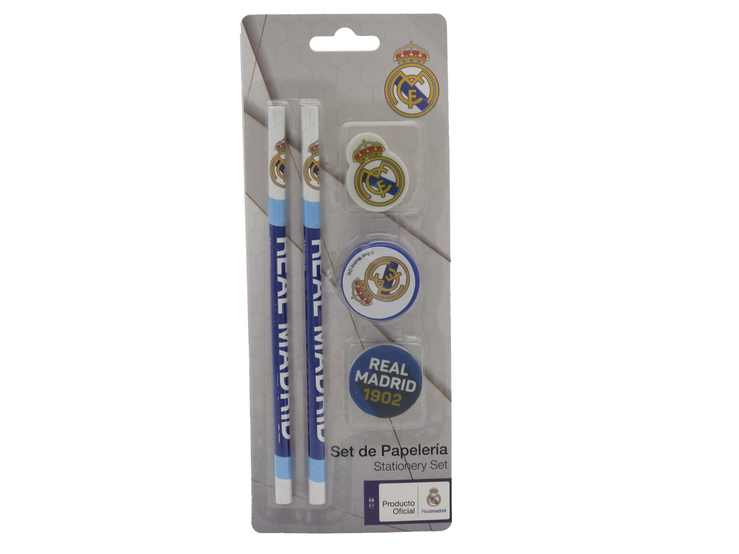 CyP Brands- Real Madrid, Set de Papeleria, Escritura, Sacapunta, Goma de Borrar, Lapiceros, Color Blanco, Producto Oficial