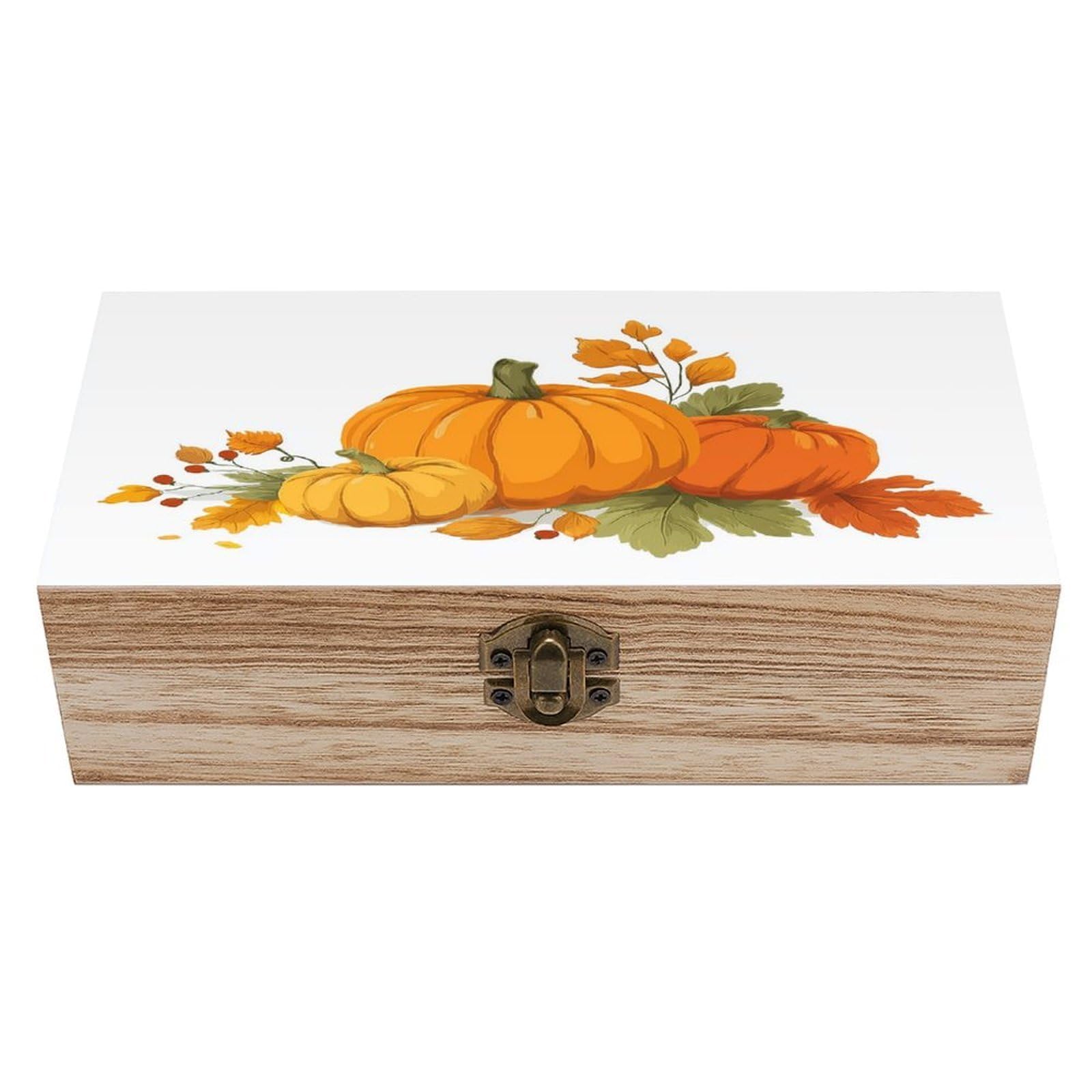 Orange Pumpkin And Autumn Leaves Watercolor Wooden Storage Box with Hinged