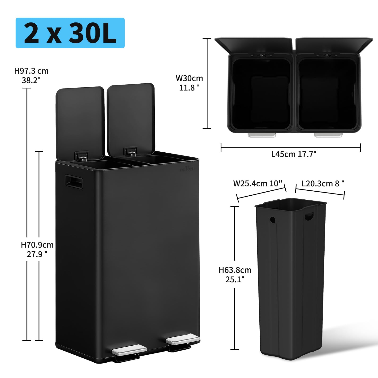 mVm Poubelle Cuisine Tri Sélectif 60L,2 x 30 L,2 Compartiments,Acier Inoxydable,Poubelle à Pédale avec Seau Intérieur,Couvercles, Poignées, Fermeture en Douceur,Hermétique Noir