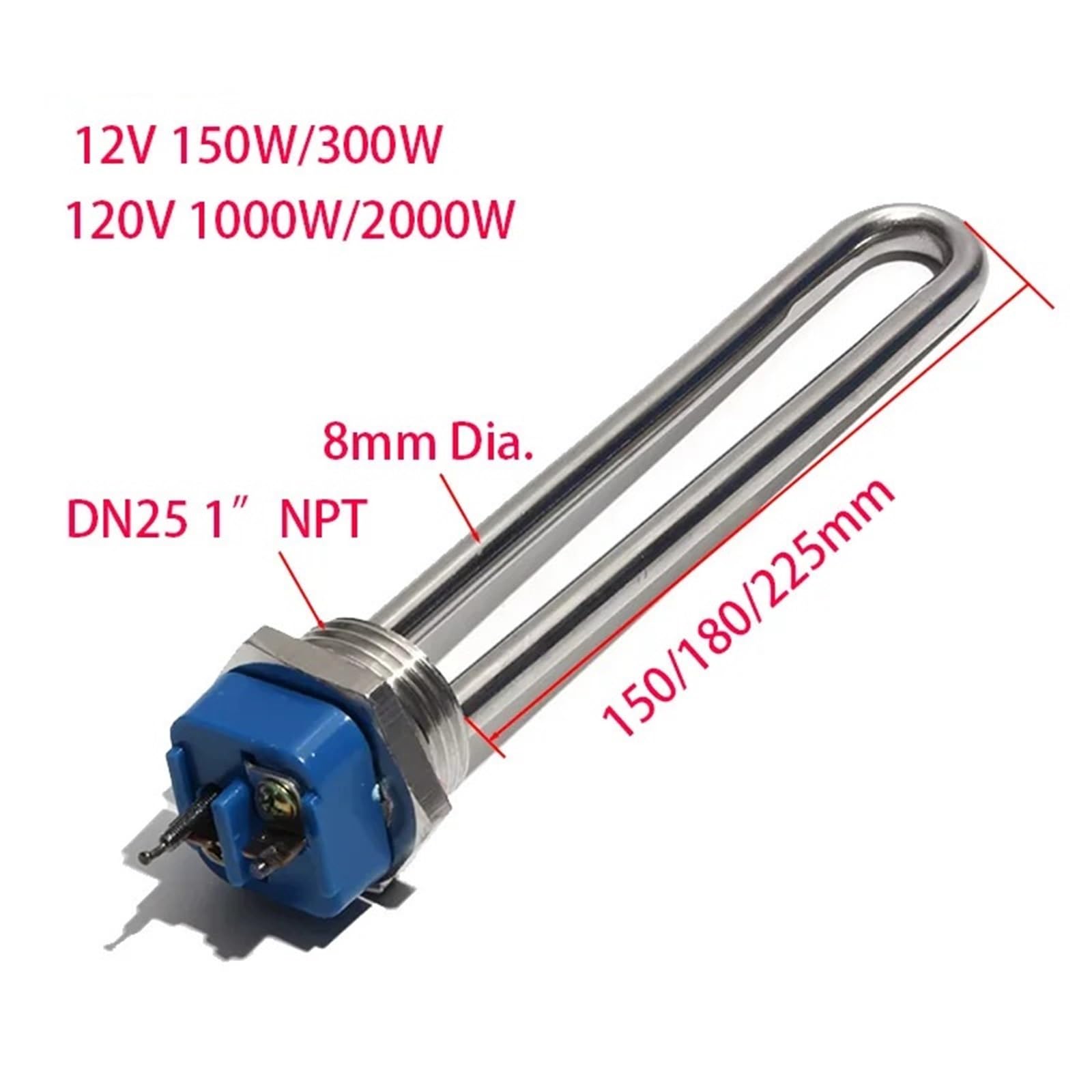 DN25 1" NPT-Gewinde Wasserheizelement 12V 120V Tauchsieder Widerstand Eine Phase 150/300/1000/2000W 1St(12v 150w 180mm)
