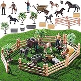RoundFunny 27 Pcs Horse Ranch Playset, 5 Horse Figurines 3 People Figurines 8 Fence 3 Model Trees 1 Moss Mat for Diorama Project Educational Gift Cake Topper