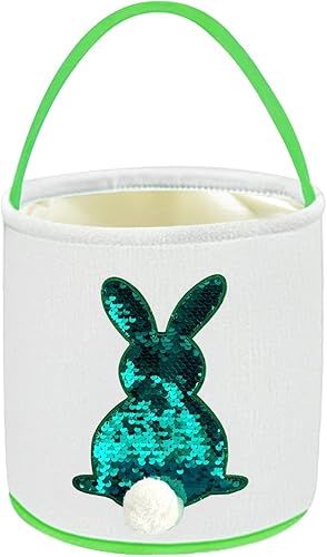 Jolly Jon Bolsa de cesta de conejo de Pascua, colores de lentejuelas moradas a plateadas, cestas de caza de huevos de Pascua para niños, bolsas de