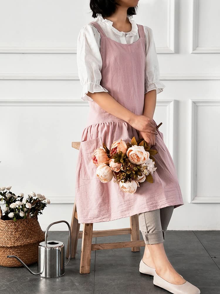 Katoen Linnen Schort Vrouwen Cross Back Keuken Schort Koreaans Huishoudelijk Bakken Wrap Bloemenwinkel Bloemist Ruches Jurk Literaire Kunst (Color : Rose Red, Size : M