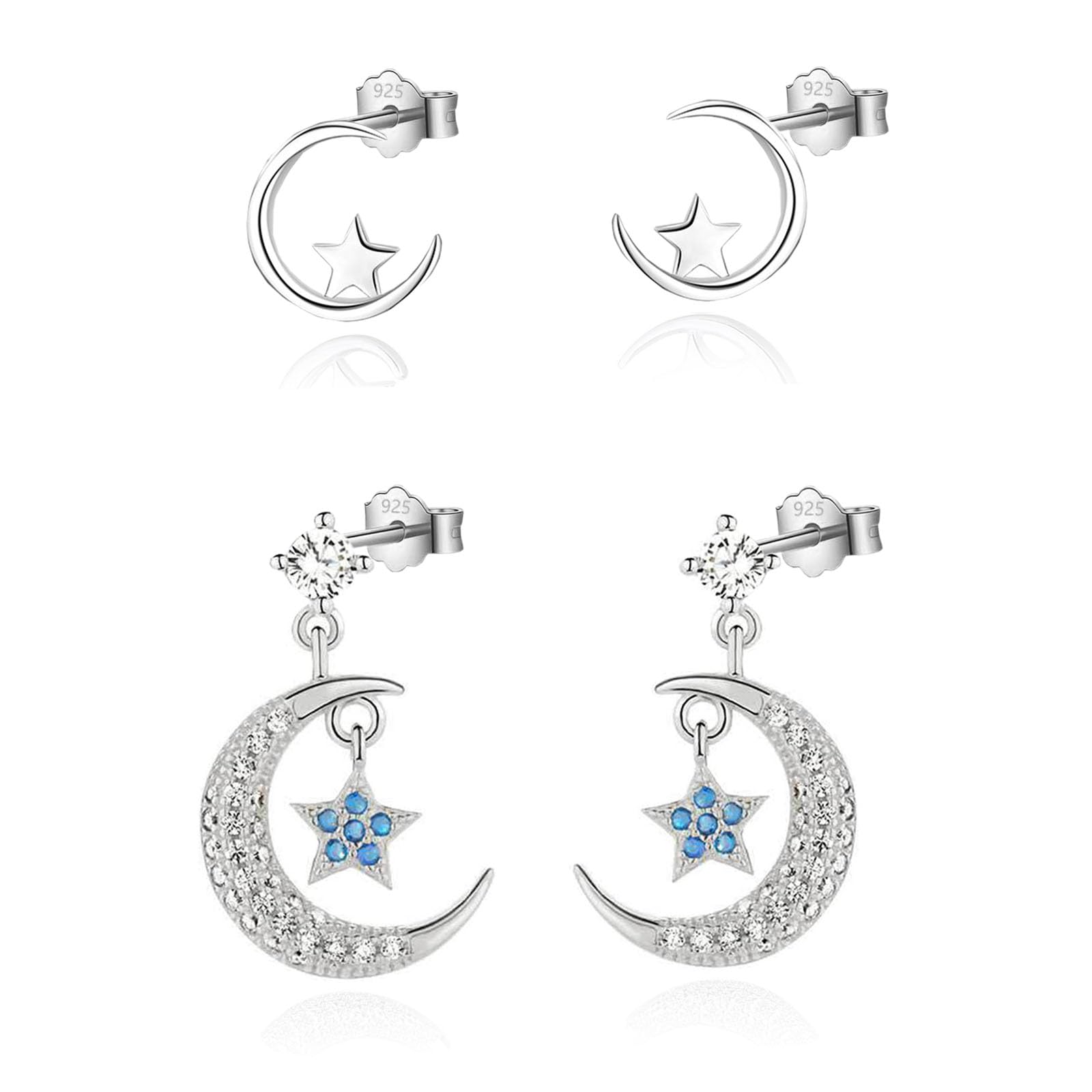 HinDaLi Lot De 4 Paires Boucles D'Oreilles Argent 925 – Cœurs, Étoiles, Lunes Et Ronds – Hypoallergéniques – Cadeau Idéal Pour Femme Et Fille
