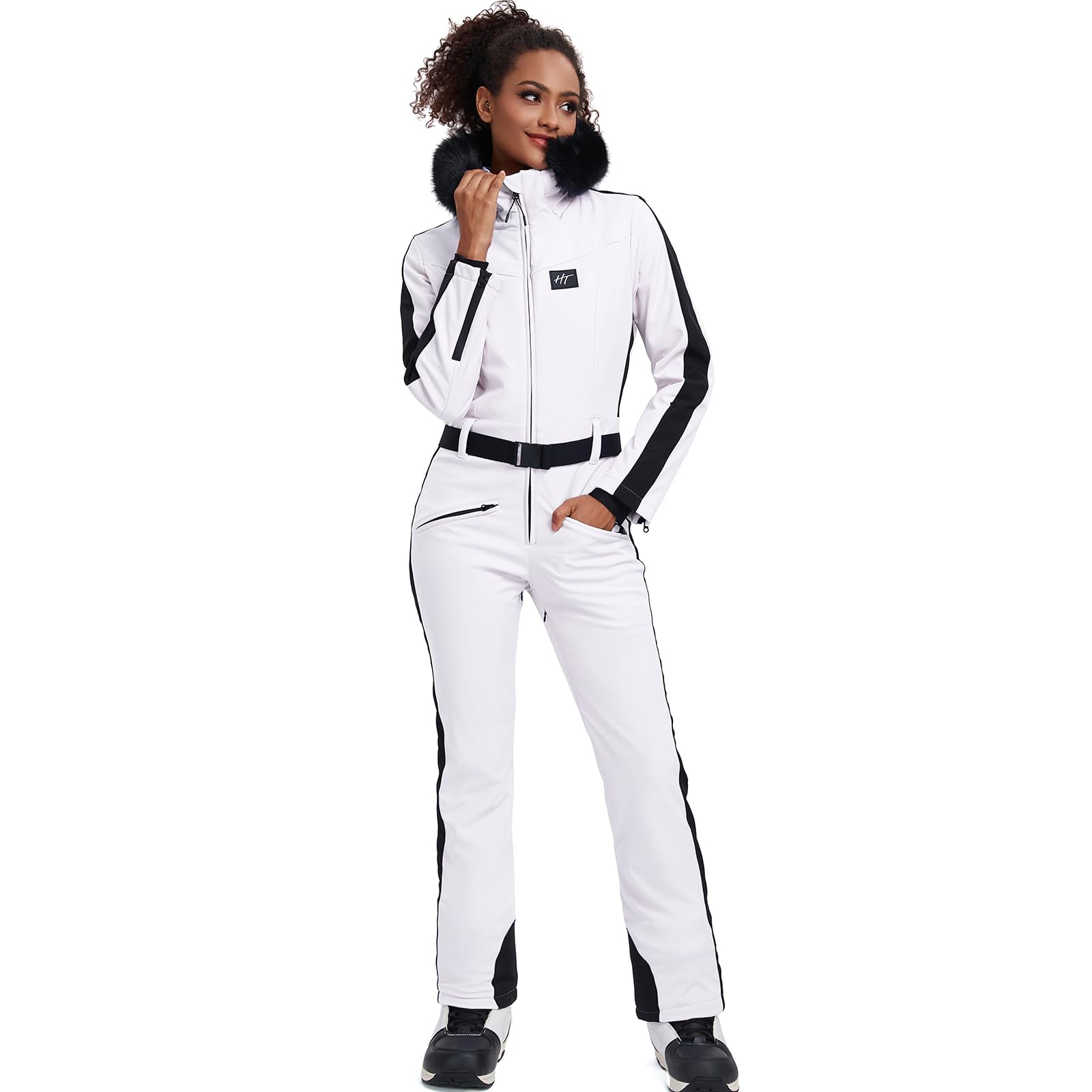 HOTIAN Damen Skianzug Einteiler Skioverall Winter Warme Damen Schneeanzug Wasserdicht Winddicht skibekleidung Schneeoverall Jumpsuit Mit Kapuze White S