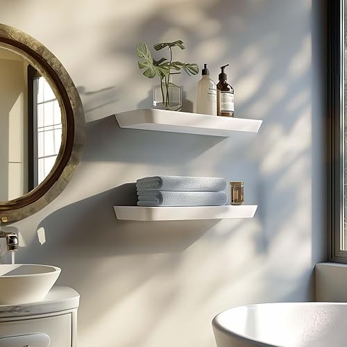 Miniatura 2 de Estantes flotantes de madera blanca para pared de 16 pulgadas (juego de 2)  Estantes de baño blancos  Pequeño estante montado en la pared para
