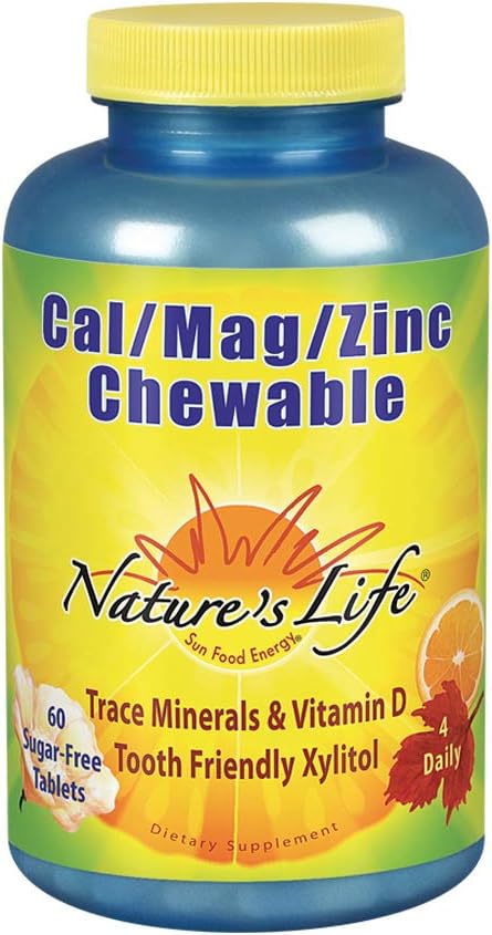 Nature's Life Cal Mag Zinc Chewable | 100% Plus Daily Value of Calcium, Magnesium, Zinc & VIT D3 for Bone & Heart Health Support | 60 No Sugar Chews : Health & Household