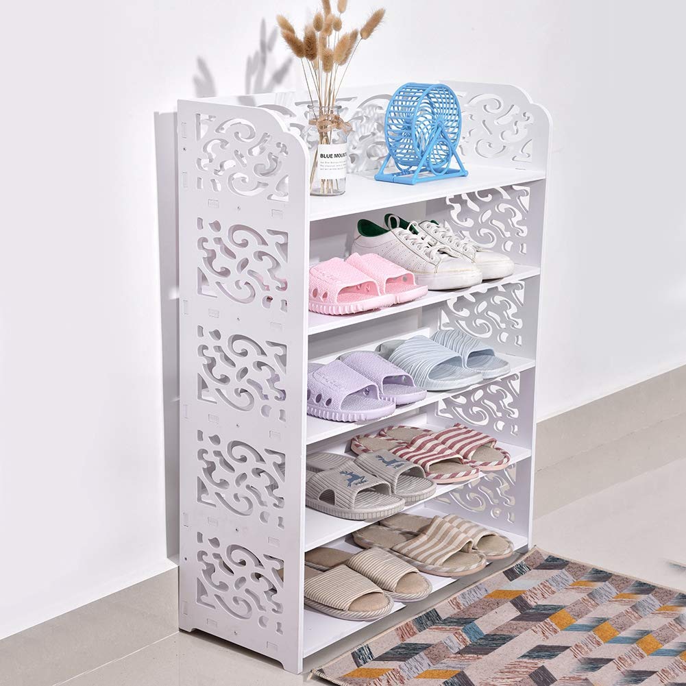 Shoe Racks Storage, Modern Carved 5 Tiers Freestanding Shoe Rack, Space Saver Stackable White Home Storage Organiser Unit, for Hallway Entryway Bedroom 80 x 61.4 x 24 cm