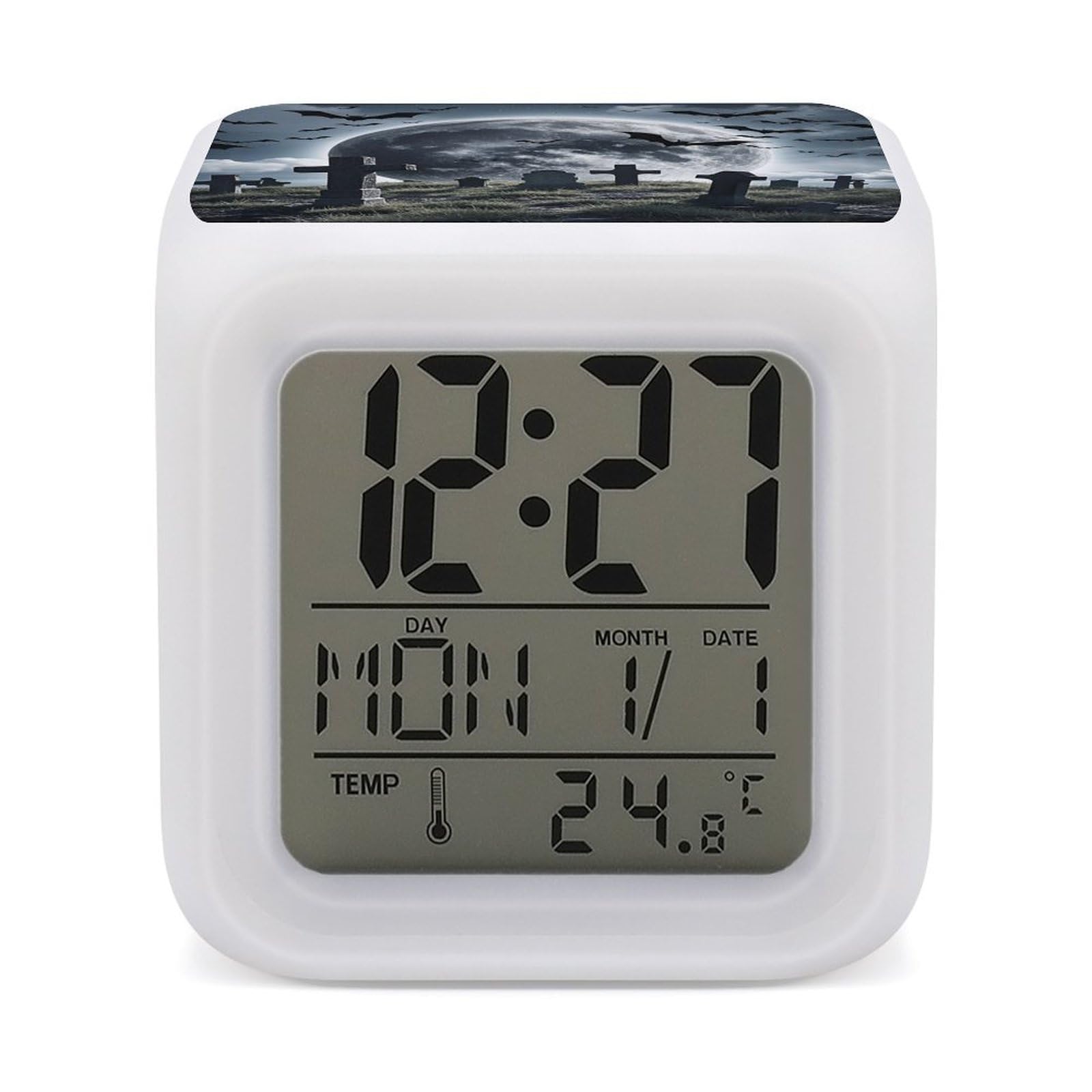 VstaDank Above The Cemetery Alarm Clock with 7 Color Changing Night Light Date Temp Display Wake Clocks LED Display Digital Clock Electric Desk Clocks for Living Office Bedroom Decor