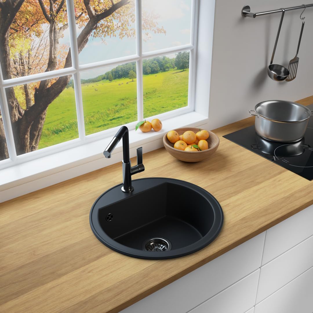 LINDBERGH® Granit Spüle + kompl. Siphon und Imprägnierung, Einbauspüle Küchenspüle Spülbecken - Verbundstoffe MADE IN GERMANY (Spüle TON44 - Schwarz)