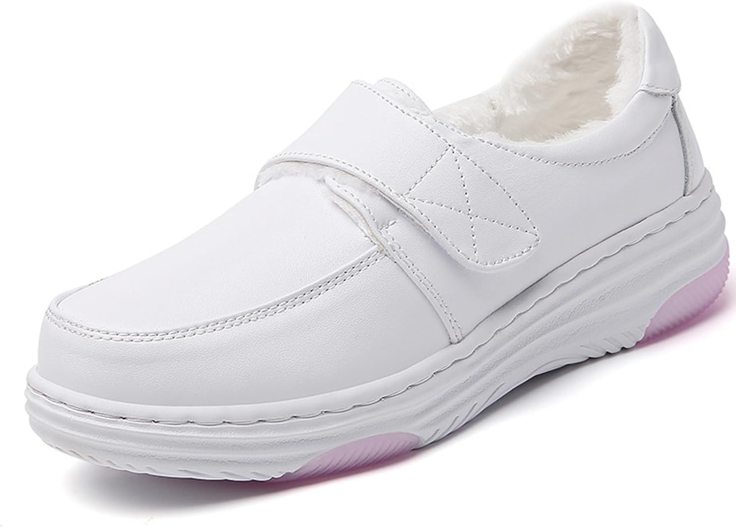 Womens Leather Platform Mary Jane Nurse Shoes Comfortable Round Toe Adjustable Hook and Loop Non-Slip Lightweight Work Sneakers White Restaurant Walking Flats