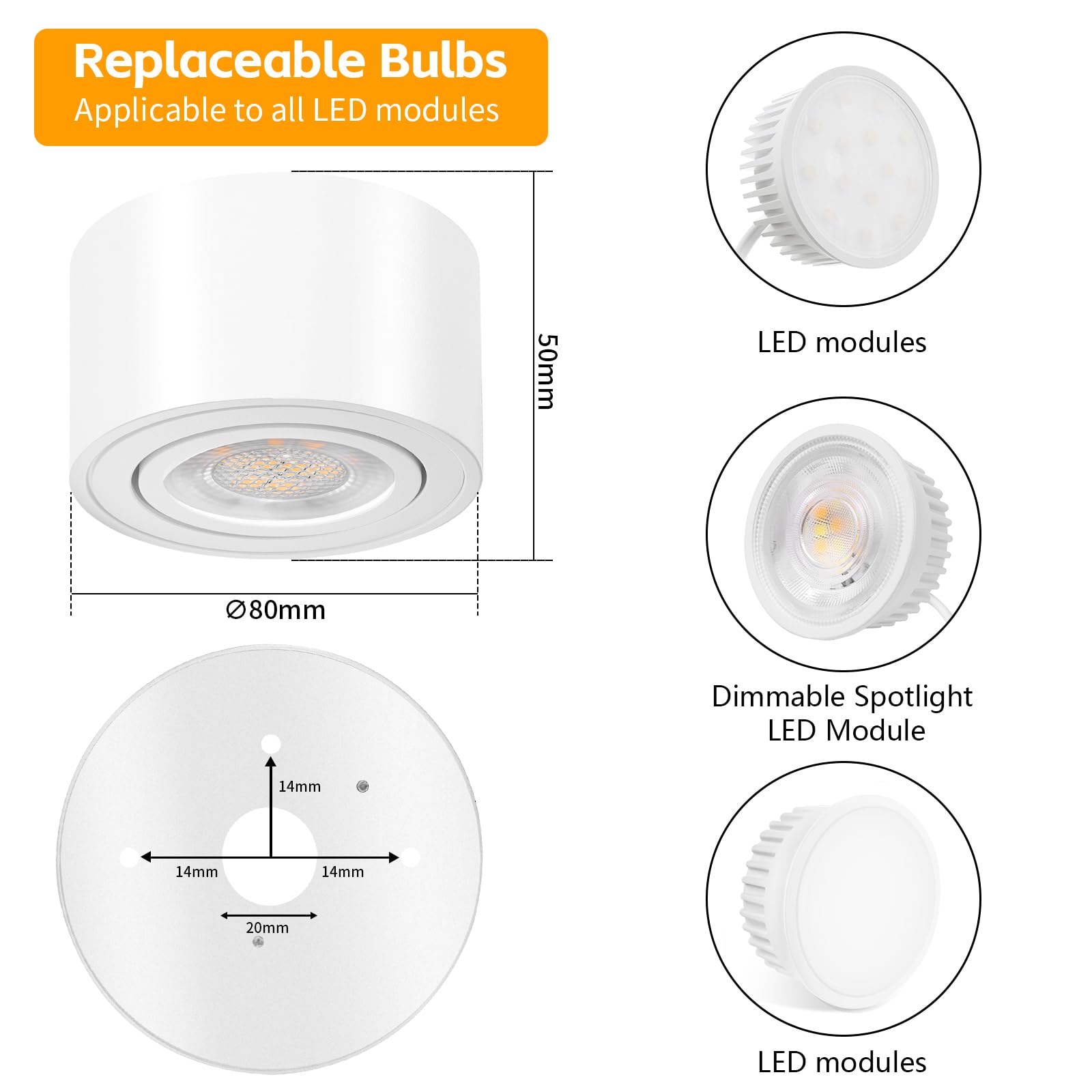 GeyouLux 1x Faretti LED Soffitto - Orientabile - Ø80x50mm Extra Piatto & Inclinabile a 38° - 5W 500LM 4000K - Con Modulo LED 230V Incluso - Alluminio - Faretto LED Interno, Lampada da Soffitto（Bianco）