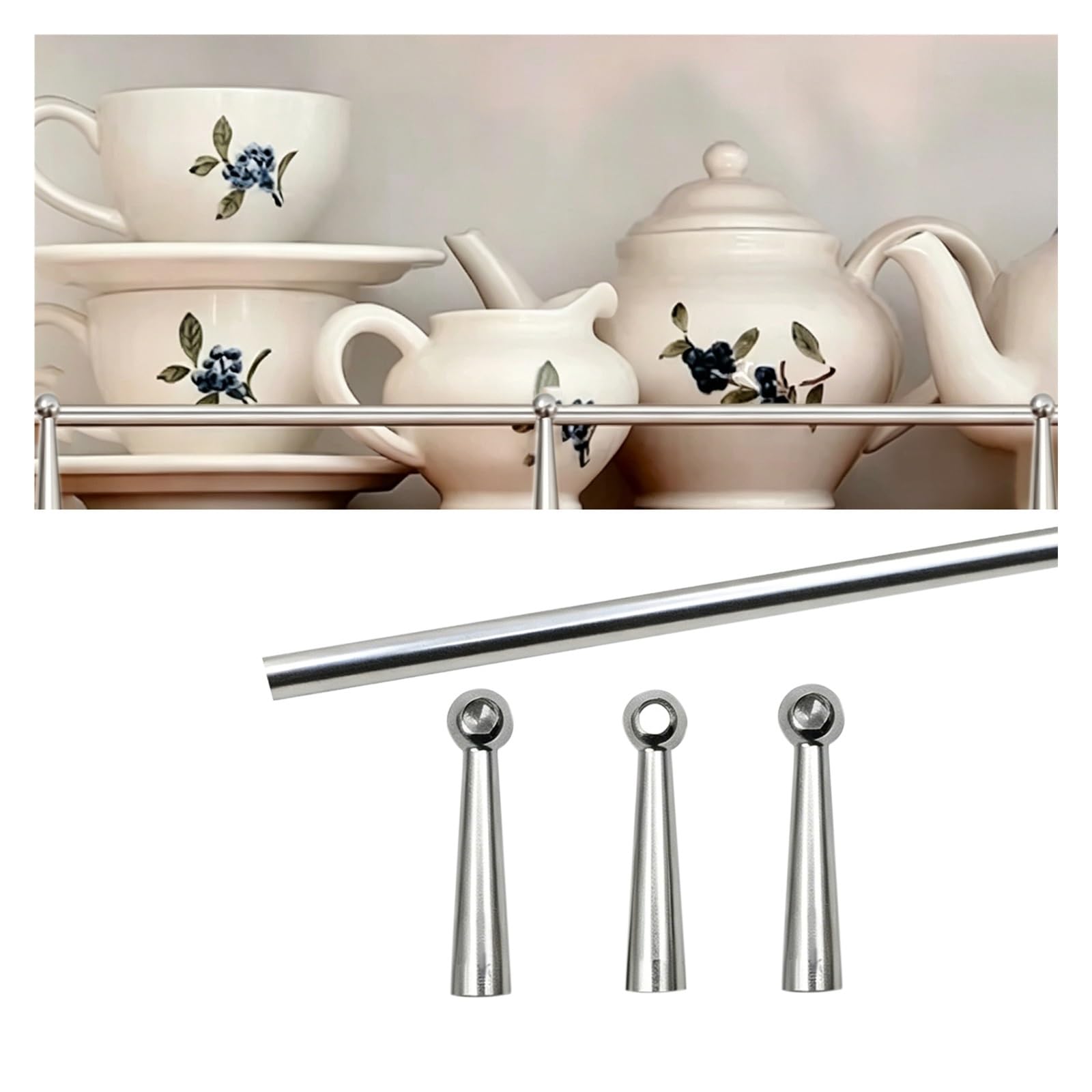 Aluminum Tipping Gallery Rails Set 95 85 75 65 55 45cm, Customizable Guard Rail for Shelving with 3 Spindles, Decor Floating Shelf Railing Rod for Glassware, Collectibles(Silver B,95cm/37.4in)